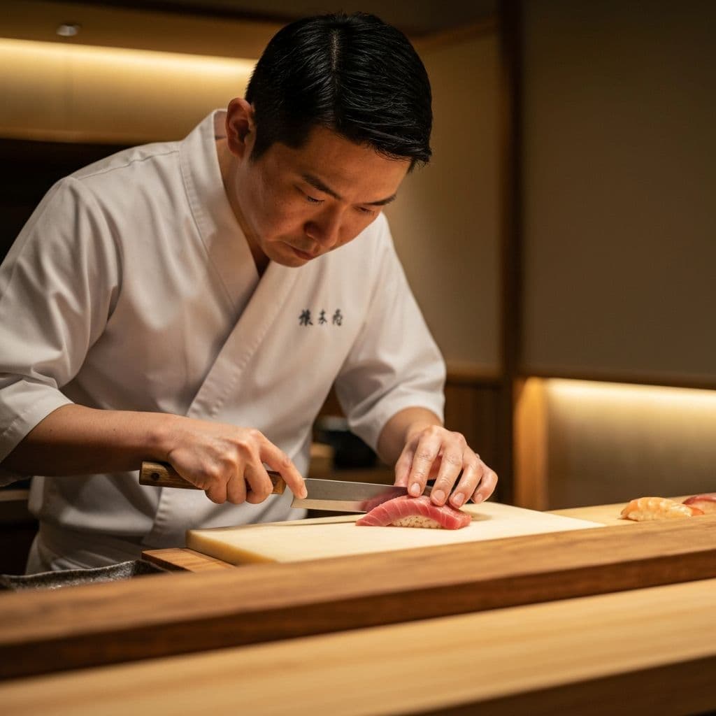 職人が丁寧に寿司を握る様子