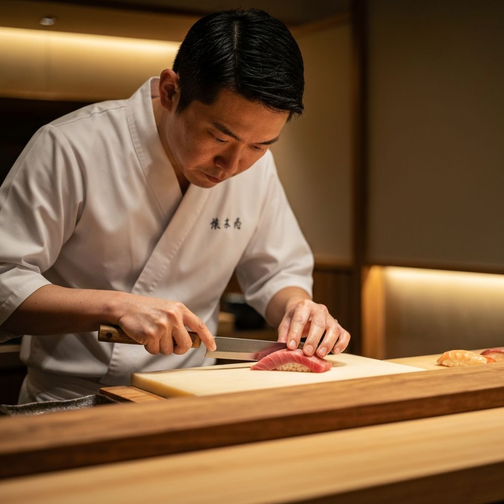 職人が丁寧に寿司を握る様子